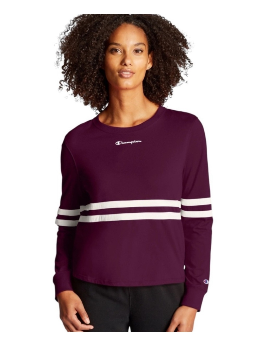 Champion Long Sleeve Crewneck Sweatshirt in Purple with White Stripes